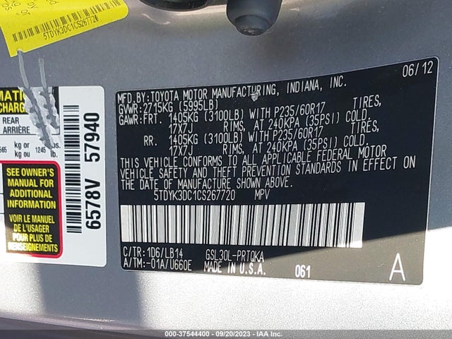 2012 TOYOTA SIENNA XLE AAS/XLE/LTD VIN: 5TDYK3DC1CS267720