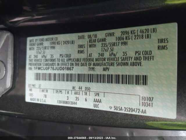 1FMCU0F76JUD01867 Ford ESCAPE S