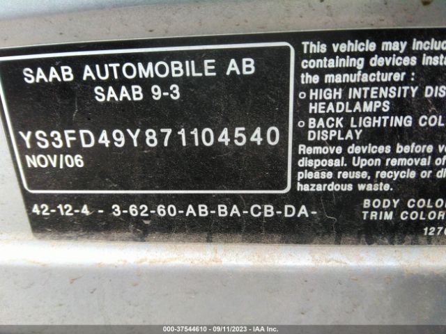 2007 SAAB 9-3 YS3FD49Y871104540 Photo 8