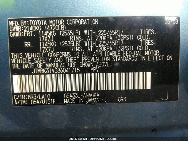 2008 TOYOTA RAV4 LIMITED V6 VIN: JTMBK31V386041715