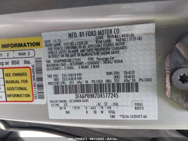 2013 FORD FUSION SE VIN: 3FA6P0HR7DR177245