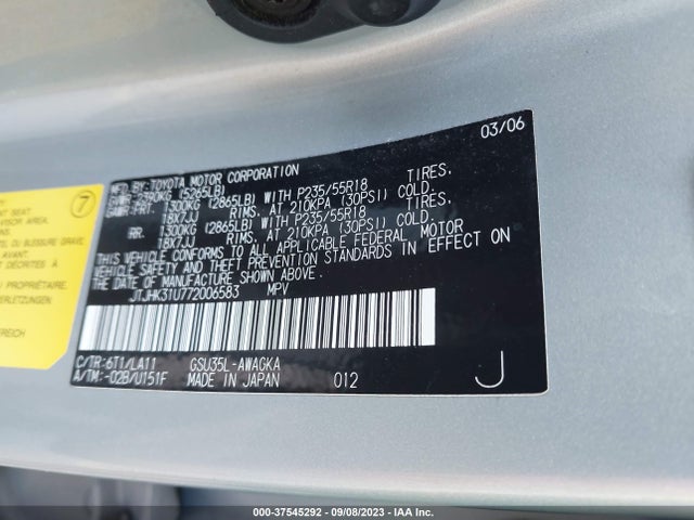 Aukcja sprzedaży 2007 Lexus Rx 350, vin: JTJHK31U772006583, numer aukcji: 37545292
