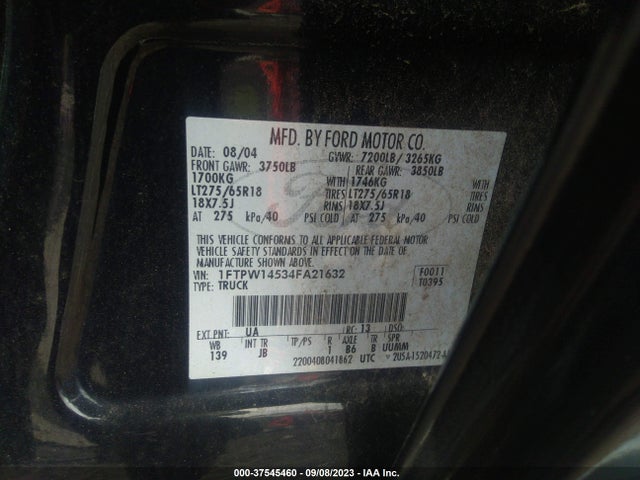 2004 FORD F-150 XLT/FX4/LARIAT VIN: 1FTPW14534FA21632