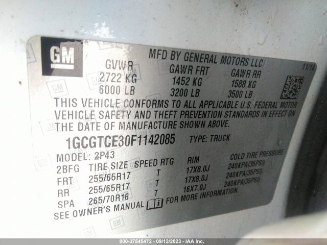 2015 CHEVROLET COLORADO 4WD Z71 VIN: 1GCGTCE30F1142085