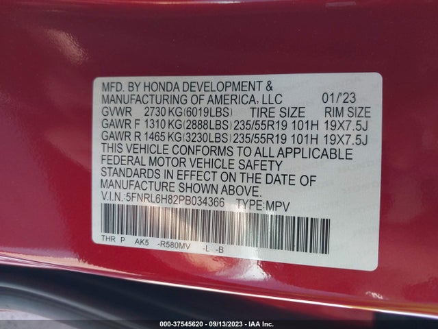 Honda Odyssey Touring 2023 5FNRL6H82PB034366 Image 9