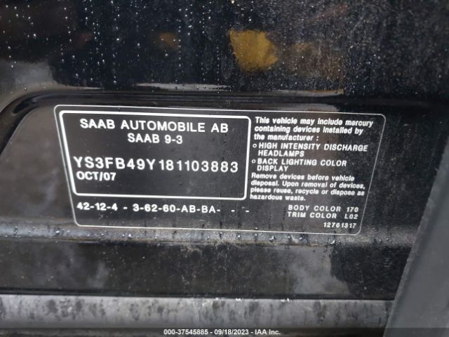 2008 SAAB 9-3 YS3FB49Y181103883 Photo 8