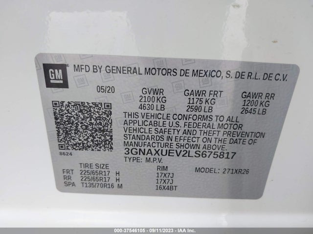 2020 CHEVROLET EQUINOX LT VIN: 3GNAXUEV2LS675817