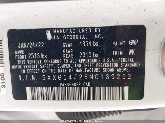 5XXG14J26NG139252 KIA K5 LXS