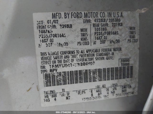 2002 FORD ESCAPE XLT VIN: 1FMYU04142KB88907