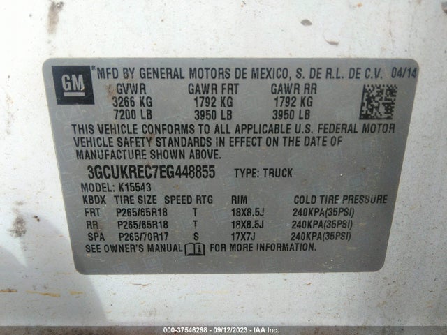 2014 CHEVROLET SILVERADO 1500 LT VIN: 3GCUKREC7EG448855