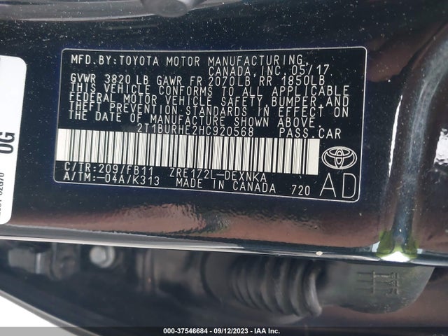 2017 TOYOTA COROLLA L/LE/XLE/SE VIN: 2T1BURHE2HC920568