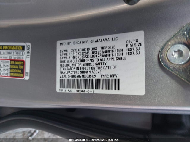 Honda Odyssey Ex-l 2019 5FNRL6H74KB039424 Image 9