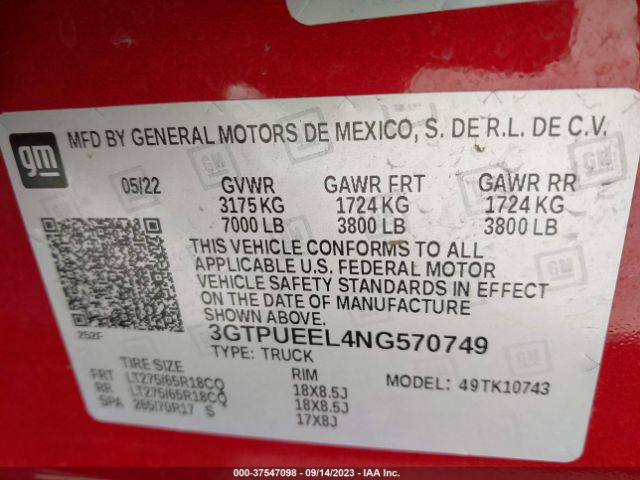 3GTPUEEL4NG570749 GMC Sierra 1500 At4
