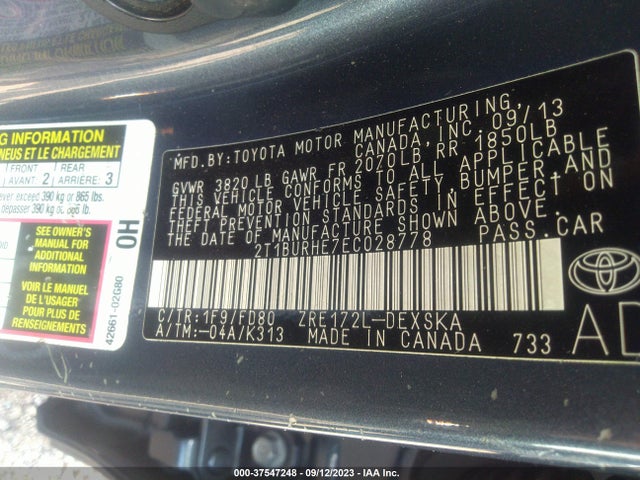 2014 TOYOTA COROLLA L/LE/S/S PLUS/LE PLUS VIN: 2T1BURHE7EC028778