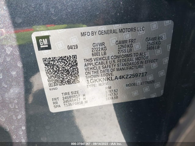 GMC ACADIA SLE 2019 1GKKNKLA4KZ259717 Image 9