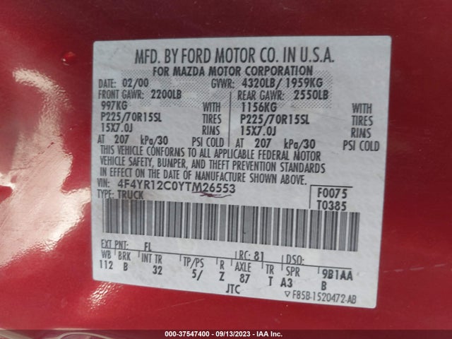 2000 MAZDA B-SERIES 2WD TRUCK SX/SE VIN: 4F4YR12C0YTM26553