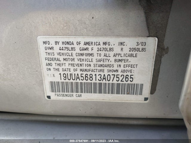2003 ACURA TL TYPE S VIN: 19UUA56813A075265