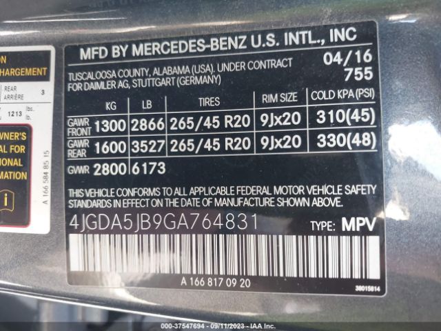 4JGDA5JB9GA764831 Mercedes-Benz GLE