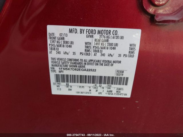 1FM5K7D82EGA22522 Ford EXPLORER XLT