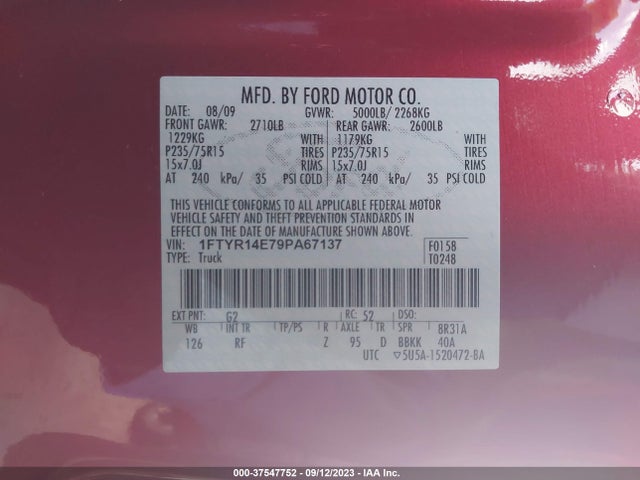 2009 FORD RANGER XL/XLT/SPORT VIN: 1FTYR14E79PA67137