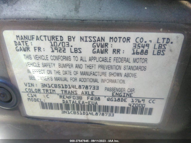 2004 NISSAN SENTRA S VIN: 3N1CB51D14L878733