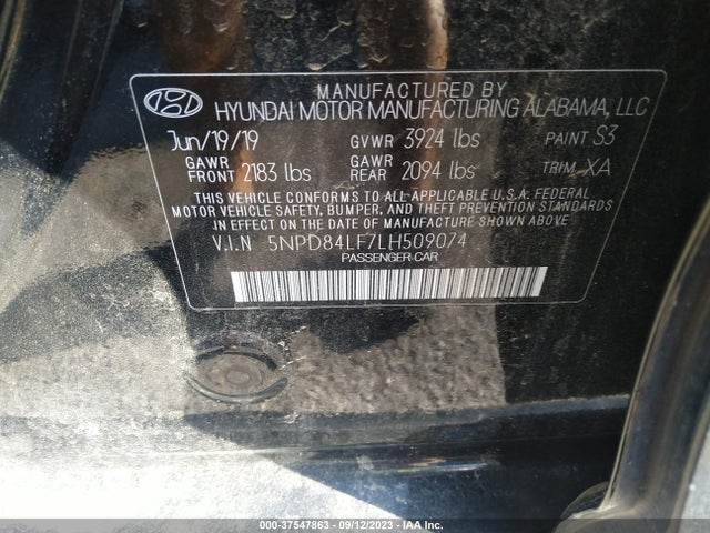 2020 HYUNDAI ELANTRA SEL VIN: 5NPD84LF7LH509074