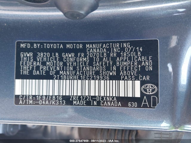 Toyota Corolla L/le/s/s Plus/le Plus 2014 2T1BURHE1EC219936 Image 9