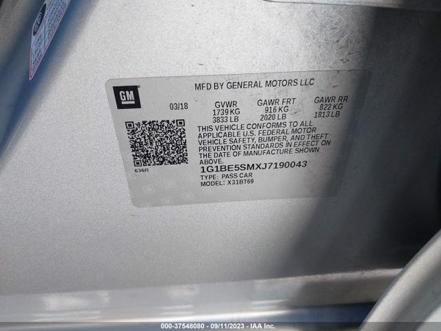 Chevrolet CRUZE LT 2018 1G1BE5SMXJ7190043 Image 9