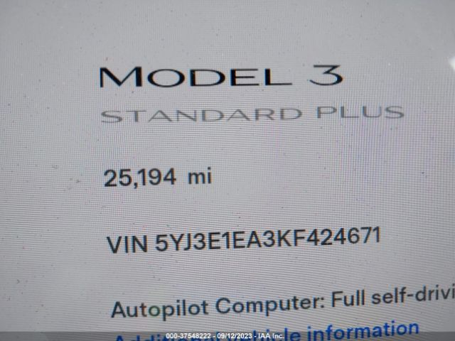 5YJ3E1EA3KF424671 Tesla Model 3 Standard Range