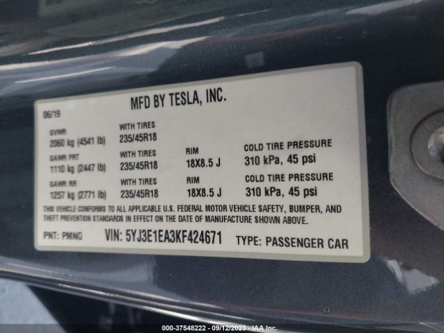 5YJ3E1EA3KF424671 Tesla Model 3 Standard Range