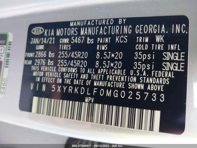 5XYRKDLF0MG025733 KIA SORENTO SX
