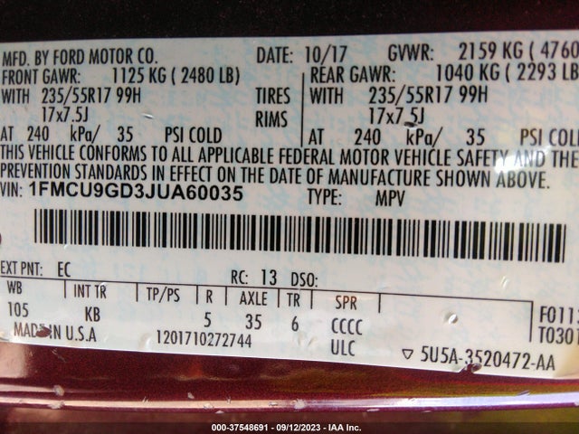 2018 FORD ESCAPE SE VIN: 1FMCU9GD3JUA60035