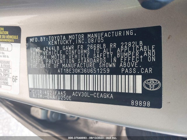 2006 TOYOTA CAMRY STD/LE/SE/XLE VIN: 4T1BE30K36U651259