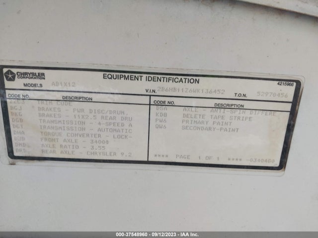 1998 DODGE RAM VAN VIN: 2B6HB11Z6WK136452