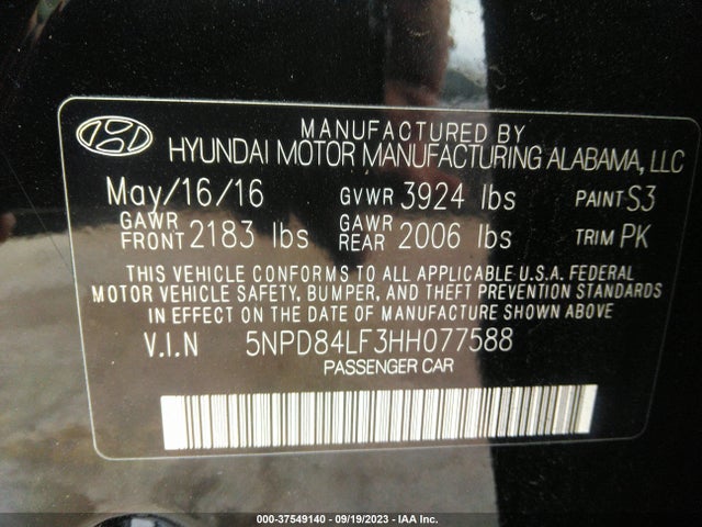 2017 HYUNDAI ELANTRA LIMITED VIN: 5NPD84LF3HH077588