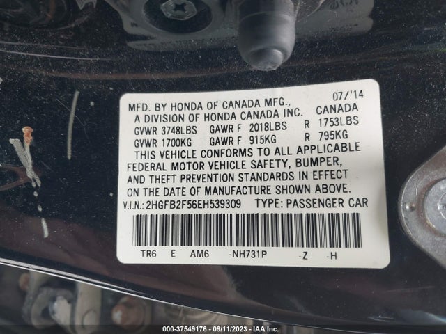 Honda Civic Sedan Lx 2014 2HGFB2F56EH539309 Image 9