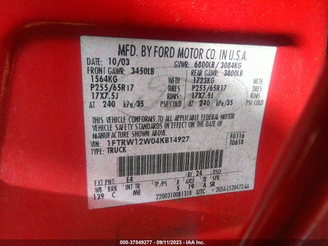 2004 FORD F-150 XLT VIN: 1FTRW12W04KB14927