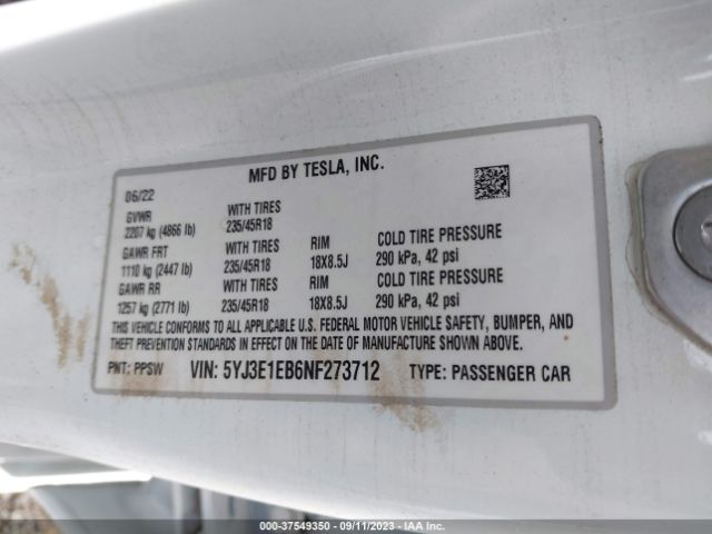 5YJ3E1EB6NF273712 Tesla Model 3 Long Range