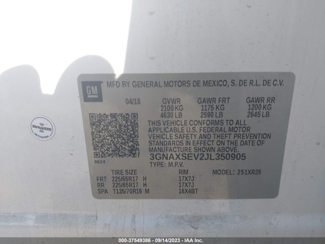 Chevrolet EQUINOX LT 2018 3GNAXSEV2JL350905 Image 9