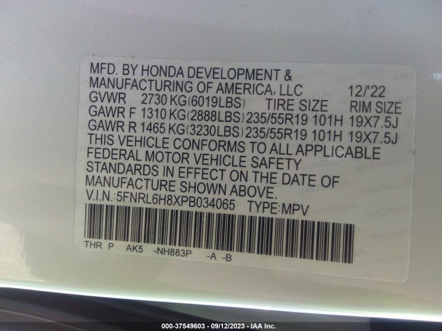 2023 HONDA ODYSSEY TOURING VIN: 5FNRL6H8XPB034065