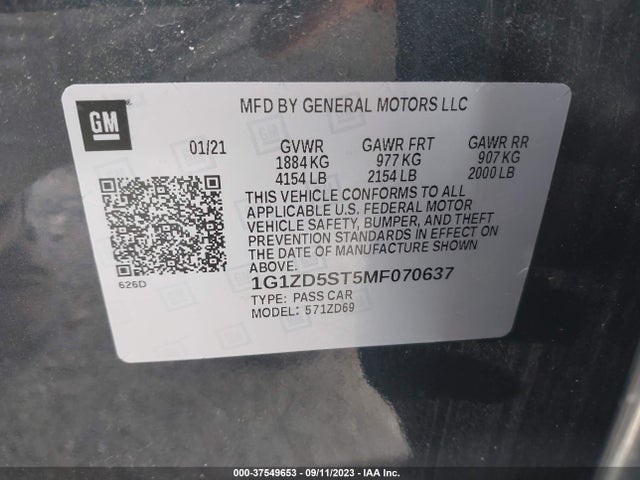 2021 CHEVROLET MALIBU LT VIN: 1G1ZD5ST5MF070637