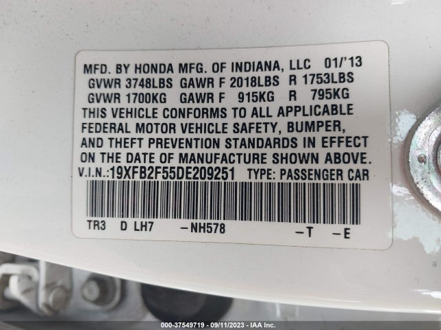 2013 HONDA CIVIC SDN LX VIN: 19XFB2F55DE209251