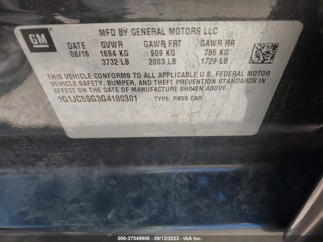Chevrolet SONIC LT 2016 1G1JC5SG3G4180301 Image 9