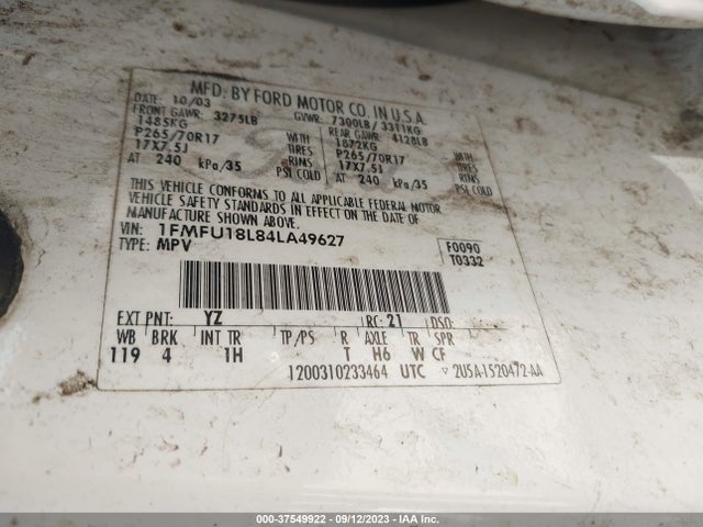 2004 FORD EXPEDITION EDDIE BAUER VIN: 1FMFU18L84LA49627