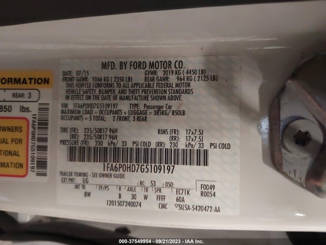 2016 FORD FUSION SE VIN: 1FA6P0HD7G5109197