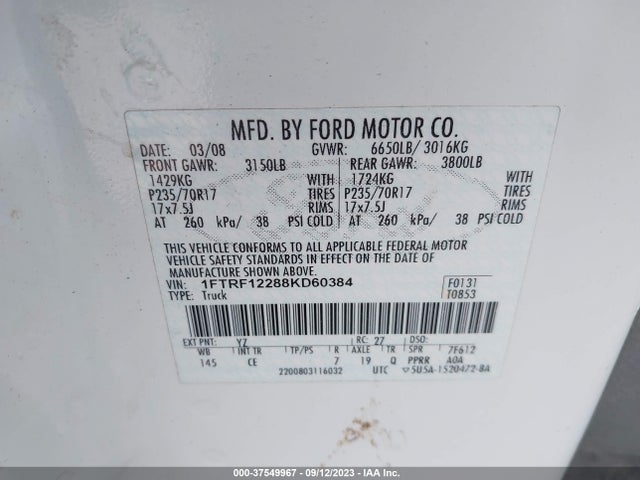 2008 FORD F-150 XL/STX/XLT VIN: 1FTRF12288KD60384