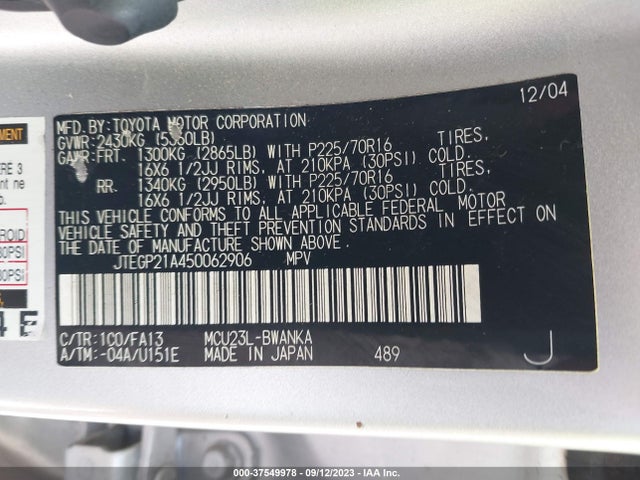 2005 TOYOTA HIGHLANDER VIN: JTEGP21A450062906