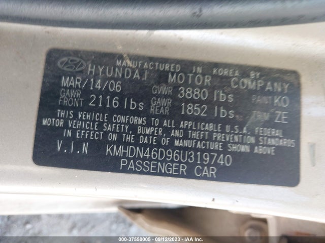 2006 HYUNDAI ELANTRA GLS/LIMITED VIN: KMHDN46D96U319740