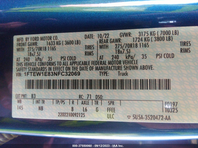 2022 FORD F-150 XL/XLT/LARIAT VIN: 1FTEW1E83NFC32069