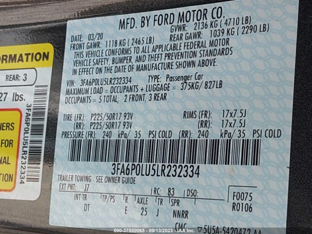 3FA6P0LU5LR232334 Ford Fusion Hybrid Se